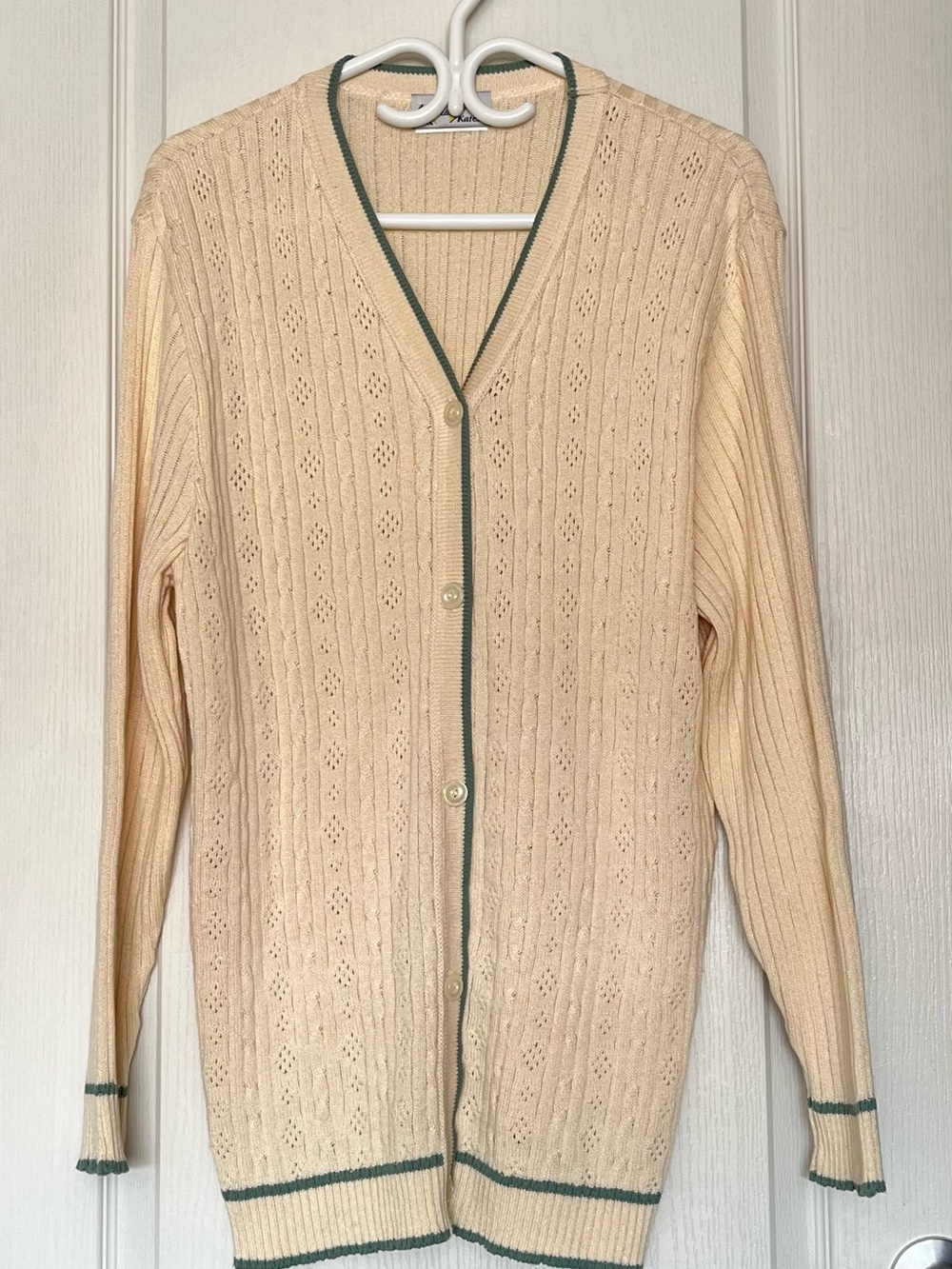 Vintage Lady Kates Cream Pointelle Knit Cardigan Sweater Green Trim Plus 1X